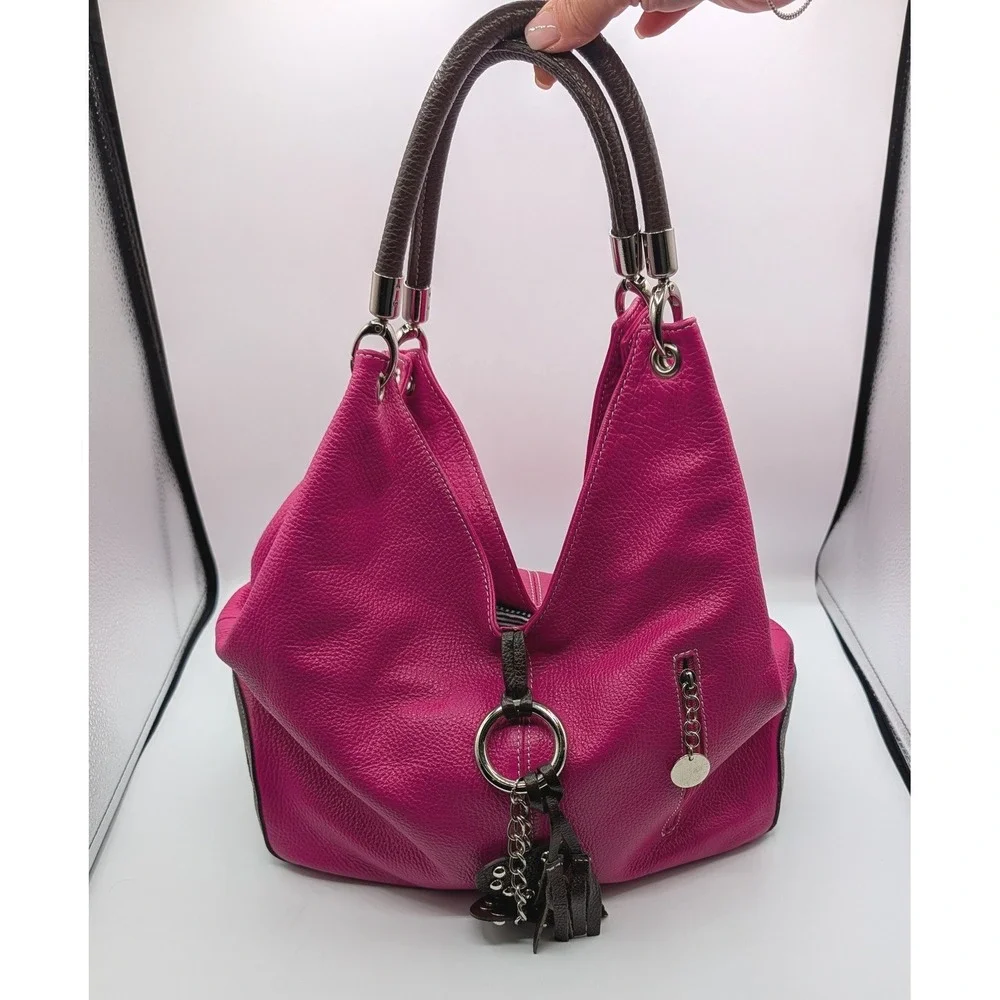 Vera Pelle Italy Pink Leather Hobo Bag Studded Heart Tassel Magenta Brown Accent